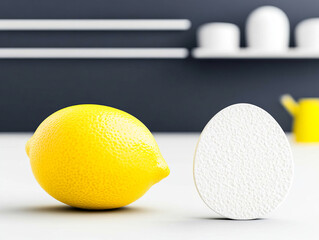 Fresh lemon and white egg on kitchen counter create vibrant contrast in modern setting