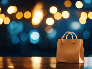 Stylish shopping bag stands wooden surface, illuminated by soft bokeh lights, creating warm