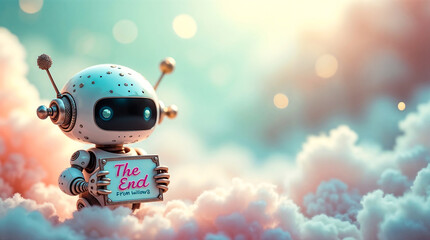 Robot in the Clouds Holding The End Sign