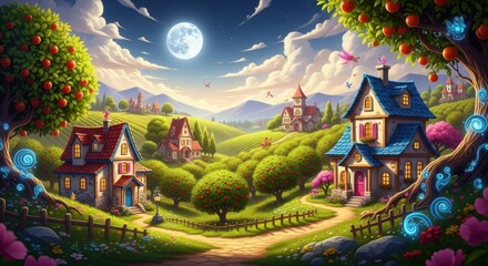 Enchanting village nestled amidst rolling green hills under a luminous full moon sky