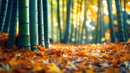 A serene bamboo forest floor displays an array of fallen autumn leaves in bright sunlight