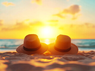 Sun hats resting on sandy beach at sunset, creating serene and romantic atmosphere