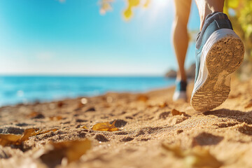 Running on beach with athletic shoes, enjoying sunny day and ocean view