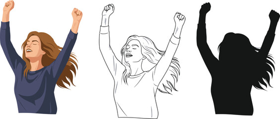 Woman celebrating success vector illustration in color outline and silhouette style for designs vector