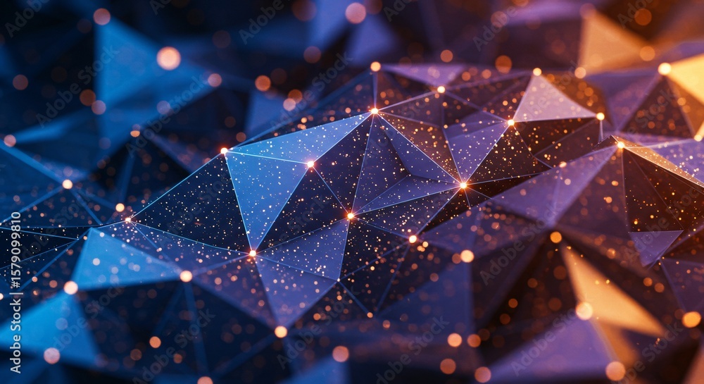 Poster abstract geometric network with blue and orange polygons and glowing nodes connecting the shapes