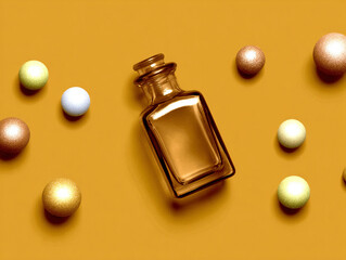 Glass bottle surrounded by colorful baubles vibrant yellow background creates festive atmosphere
