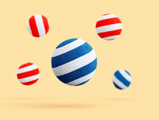 Colorful striped balls float against soft background, creating playful and vibrant scene