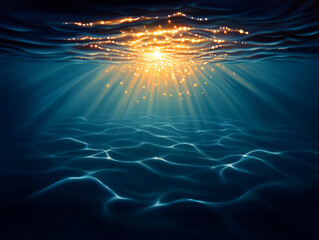 Beneath surface, shimmering light dances on water, creating tranquil atmosphere