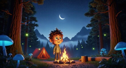 A young boy enjoys a magical night camping under a starry sky surrounded by glowing mushrooms and fireflies