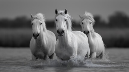 Obraz premium Camargue horses splashing through shallow marshes in southern France, captured in dynamic motion.