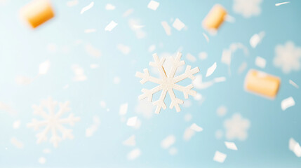 Snowflakes and confetti create festive atmosphere against soft blue background