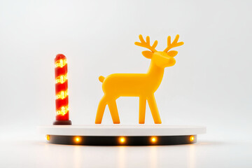 Bright yellow reindeer figure with antlers beside striped light pole, creating festive