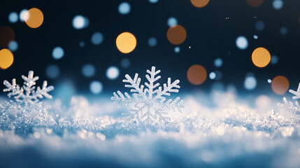 Sparkling snowflakes glisten winter surface, creating magical atmosphere with soft bokeh lights