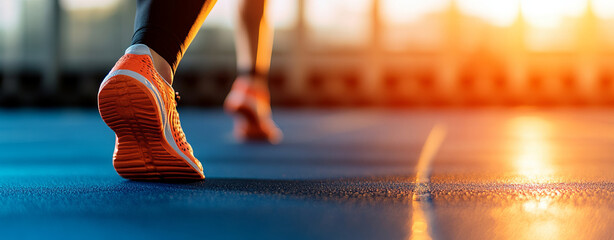 Running shoes on track during sunset, showcasing movement and energy