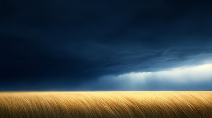 Golden wheat field under dark stormy sky with dramatic lighting creates captivating scene