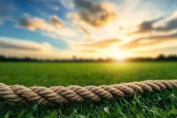 Close up view of rope on grassy field during sunset, creating serene atmosphere