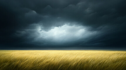 Golden wheat field under dark stormy clouds creates dramatic atmosphere