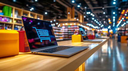 Modern laptop displaying shopping cart icon on wooden table in vibrant retail environment