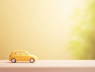 Small yellow toy car on wooden surface with soft blurred background creates cheerful atmosphere