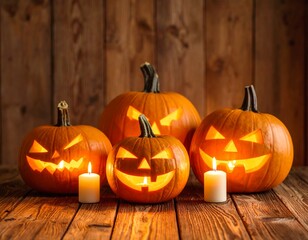 Obraz premium Spooky Halloween Night: Jack O' Lanterns and Lit Candles on Rustic Wood Background