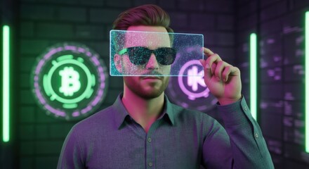 Man Interacting with Futuristic Technology Showing Digital Information