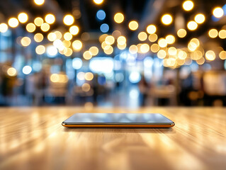 Smartphone rests on wooden table, illuminated by soft bokeh lights in modern setting