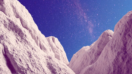 Vibrant star clusters illuminate surreal landscape of rocky mountains under cosmic sky