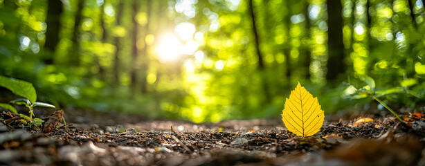 Vibrant yellow leaf rests forest path, surrounded by lush greenery and sunlight filtering