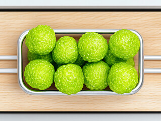 Fresh green golf balls arranged neatly in metal container on wooden surface