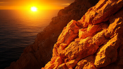 Golden rocks bask in sunlight by ocean, creating warm and serene atmosphere