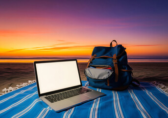 Laptop and backpack on beach blanket at sunset, creating serene work environment