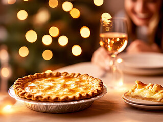 Delicious home cooked pie on table, perfect for festive surprise dessert reveal