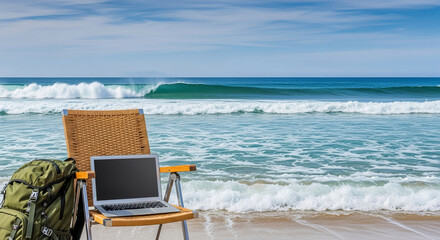 Laptop on beach chair near ocean waves creates serene work environment