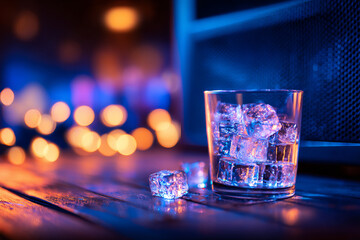 Chilled ice cubes in glass create refreshing vibe near speaker, enhancing atmosphere