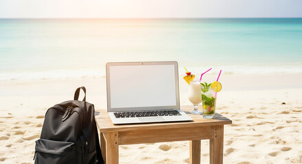 Laptop wooden table beach with tropical drinks and backpack nearby, evoking relaxed work