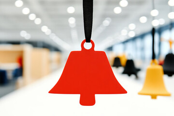 Bright red bell decoration hanging in modern space, showcasing innovation and creativity