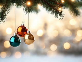 Brightly colored Christmas ornaments hang from pine branch, creating festive atmosphere