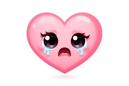 Here's a description for your stock photo:

Sad pink heart cartoon character with big eyes crying tears.  Perfect for Valentine's Day, heartbreak, or emotional concepts.