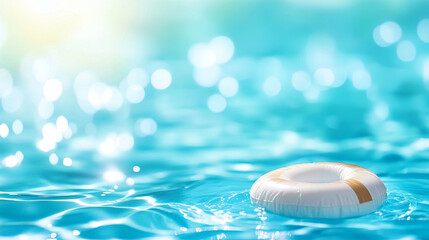 Lifebuoy floats gently in sparkling blue pool, evoking sense of safety and relaxation