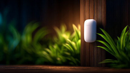 Smart home motion sensor mounted wooden wall, surrounded by lush greenery, creating modern