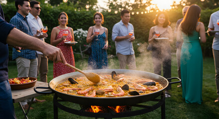 Friends having an outdoor paella party at sunset







