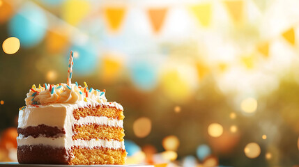 Delicious cake slice with colorful frosting and festive decorations, perfect for celebrations