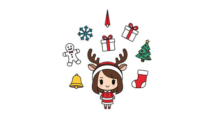 Cute cartoon christmas character with festive ornaments and gifts decorations