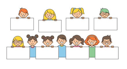 Fototapeta premium Happy children holding blank signs for text and messages kids displaying empty boards cheerful youngsters presenting information