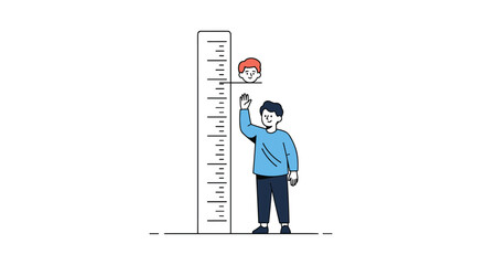 Measuring a person standing beside a tall ruler making a mark