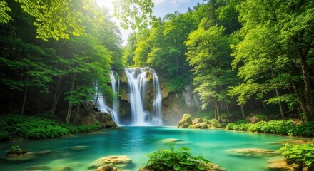 Enchanting Waterfall Cascading into a Serene Turquoise Pool Amidst Lush Green Forest and Sunlit Canopy