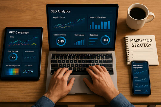 Seo analytics and digital marketing strategy on laptop and mobile devices for business growth - Powered by Adobe
