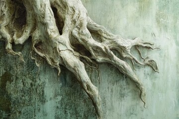 Ancient, gnarled tree roots cling to a weathered, green-hued wall, a testament to time and nature's enduring power.