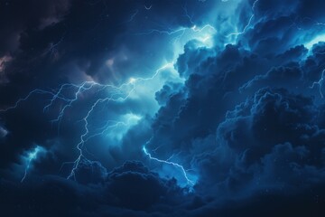 Bright lightning illuminates dark cumulonimbus clouds during a powerful thunderstorm at night