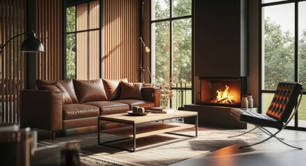 Modern Living Room with Leather Sofa and Fireplace